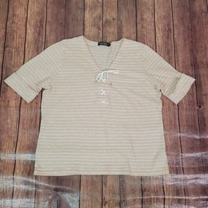 Lauren Ralph Lauren Womens Top Beige XL Extra Large Short Cuffed Sleeve Striped